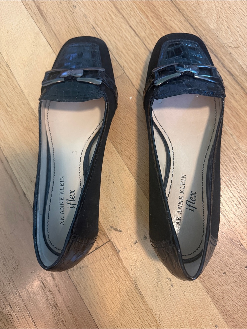 Anne Klein Black Croc-Accent Loafers with Metal Bit